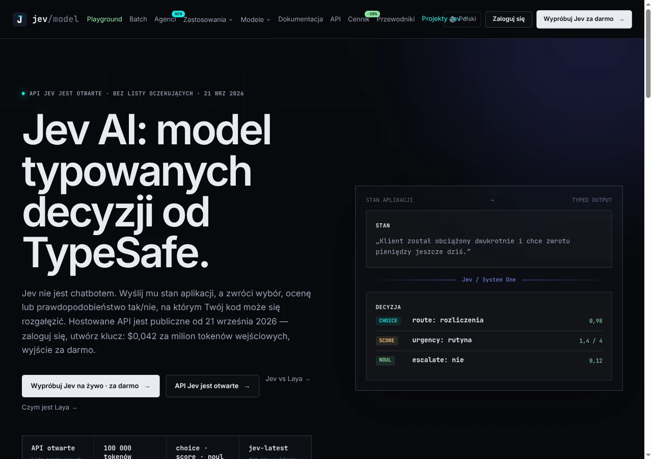 Strona Jev AI z demo typowanych decyzji: choice, score i noul